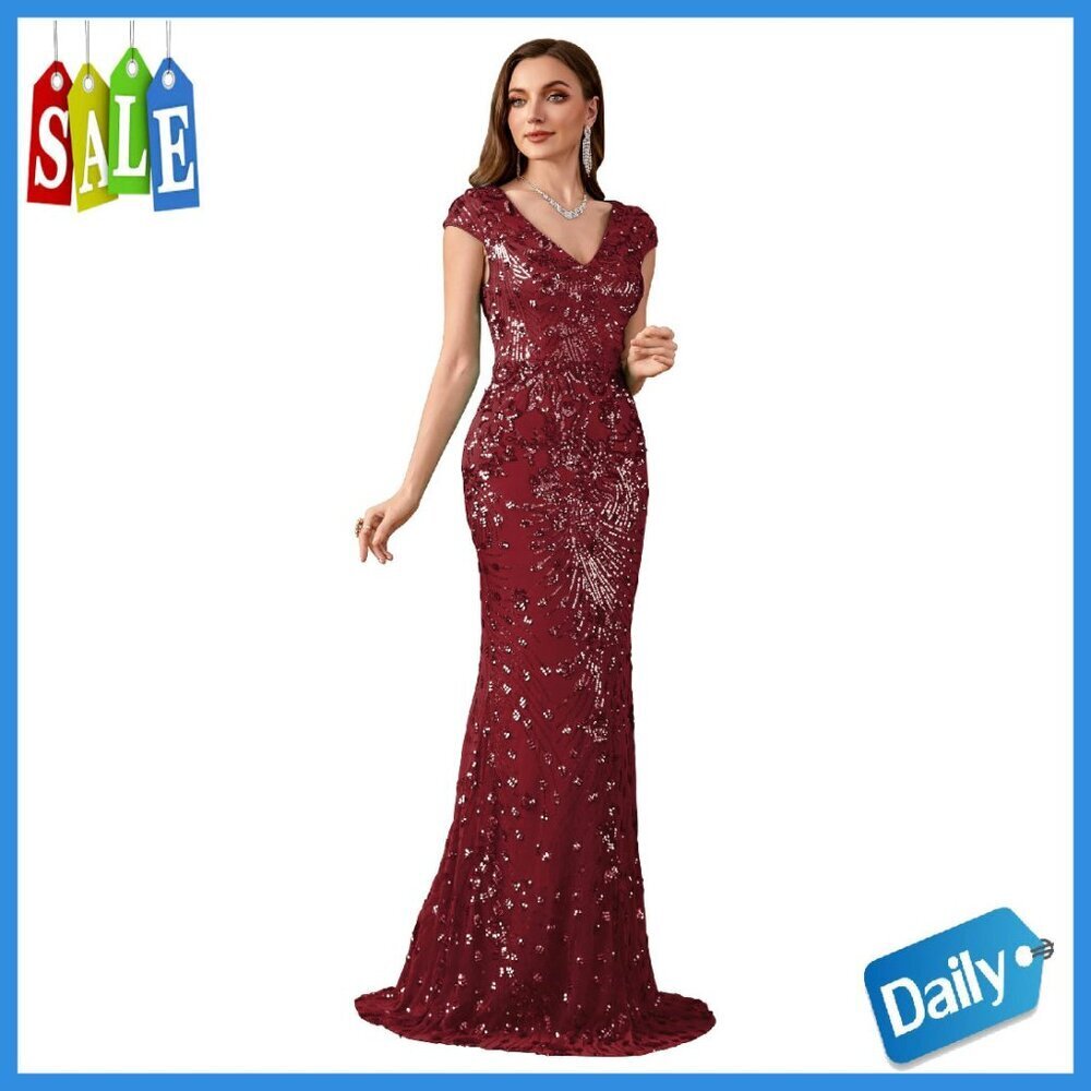 Sequined Mermaid Evening Gown Formal Dress Long Sleeve V-Neck